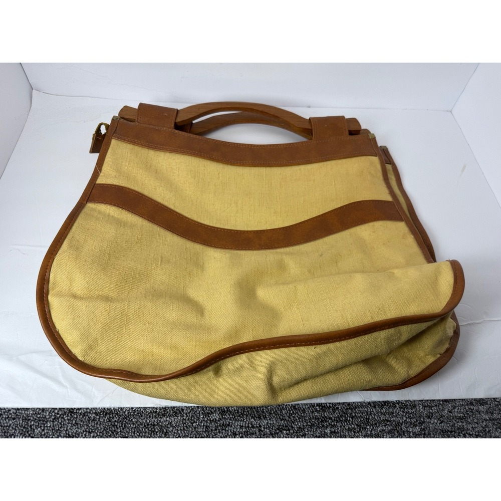Vintage Ultima II Charles Revson Yellow Canvas Tote Bag Wood Handles 70s Boho